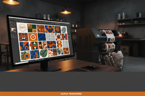 Modern DTF printing workspace with a design monitor, transfer printer, and custom apparel graphics in production.