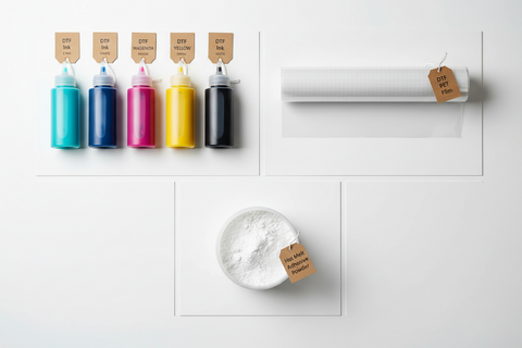 DTF ink bottles, PET film roll, and hot melt adhesive powder displayed as essential supplies for DTF transfer printing.