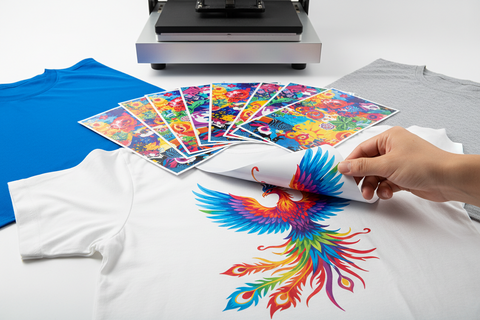 Hand peeling a colorful DTF transfer film from a white T-shirt with a vibrant phoenix print, surrounded by printed transfer sheets and blank shirts.