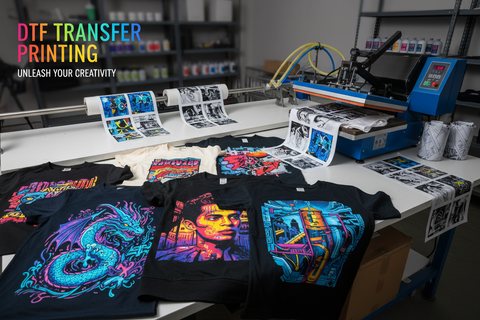 DTF transfer printing setup with colorful custom t-shirts and heat press machine in a print workshop