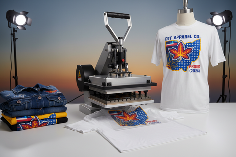 Heat press machine with custom DTF printed apparel.