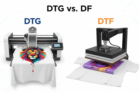 DTG vs. DTF printing comparison with apparel machines.