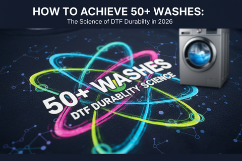 Visual demonstration of DTF Durability science featuring an atomic design and a washing machine to represent 50 plus washes.