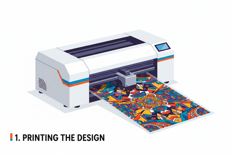 DTF printer printing a colorful design onto transfer film for the first production step.