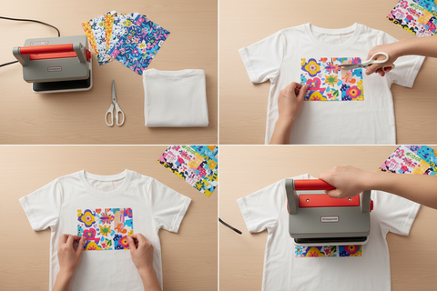 DTF transfer application steps showing cutting, positioning, and heat pressing a colorful floral design onto a white t-shirt.
