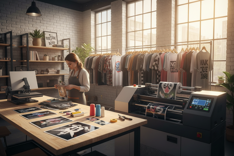 “DTF printing workshop with custom apparel production.”
