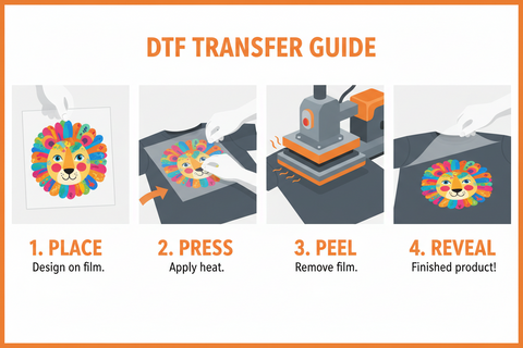 Step-by-step DTF transfer guide showing place, press, peel, and reveal process