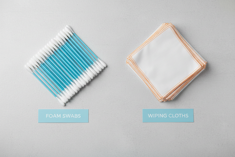 Printer cleaning foam swabs and printhead wiping cloths displayed side by side for DTF and UV DTF printer maintenance.