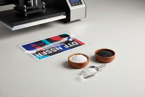 DTF transfer film with adhesive powder and heat press machine on a workspace