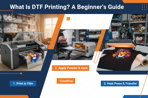 DTF printing process showing film printing, powder curing, and heat press transfer on custom apparel.