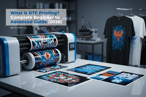 DTF printer creating custom transfer designs with printed t-shirts in a modern workshop