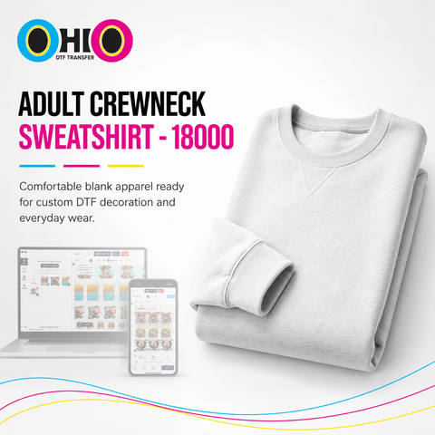 Ohio Transfers adult crewneck sweatshirt product display with black, gray, red, and navy sweatshirt mockups.