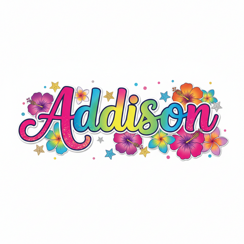 Colorful Addison name design with flowers and stars.