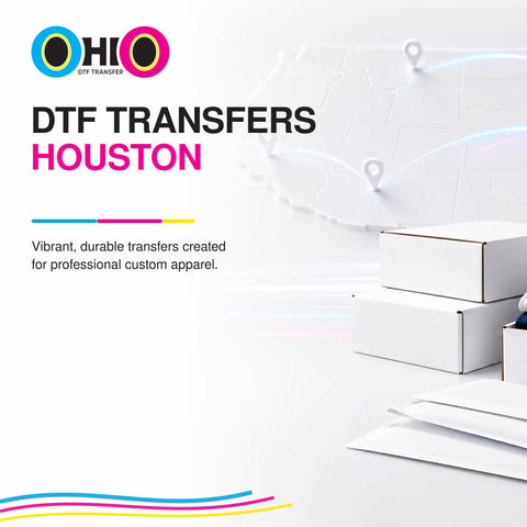 Houston DTF transfers with shipping boxes, packaged apparel, and a location map.