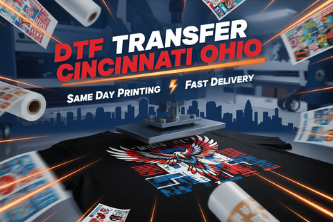 DTF transfer printing machine pressing a custom t-shirt in Cincinnati, Ohio with same day printing and fast delivery service banner design