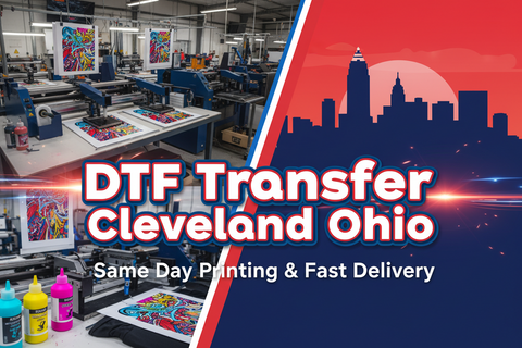 DTF transfer printing shop in Cleveland, Ohio featuring commercial DTF printers, same day printing, and fast delivery services for custom apparel transfers.